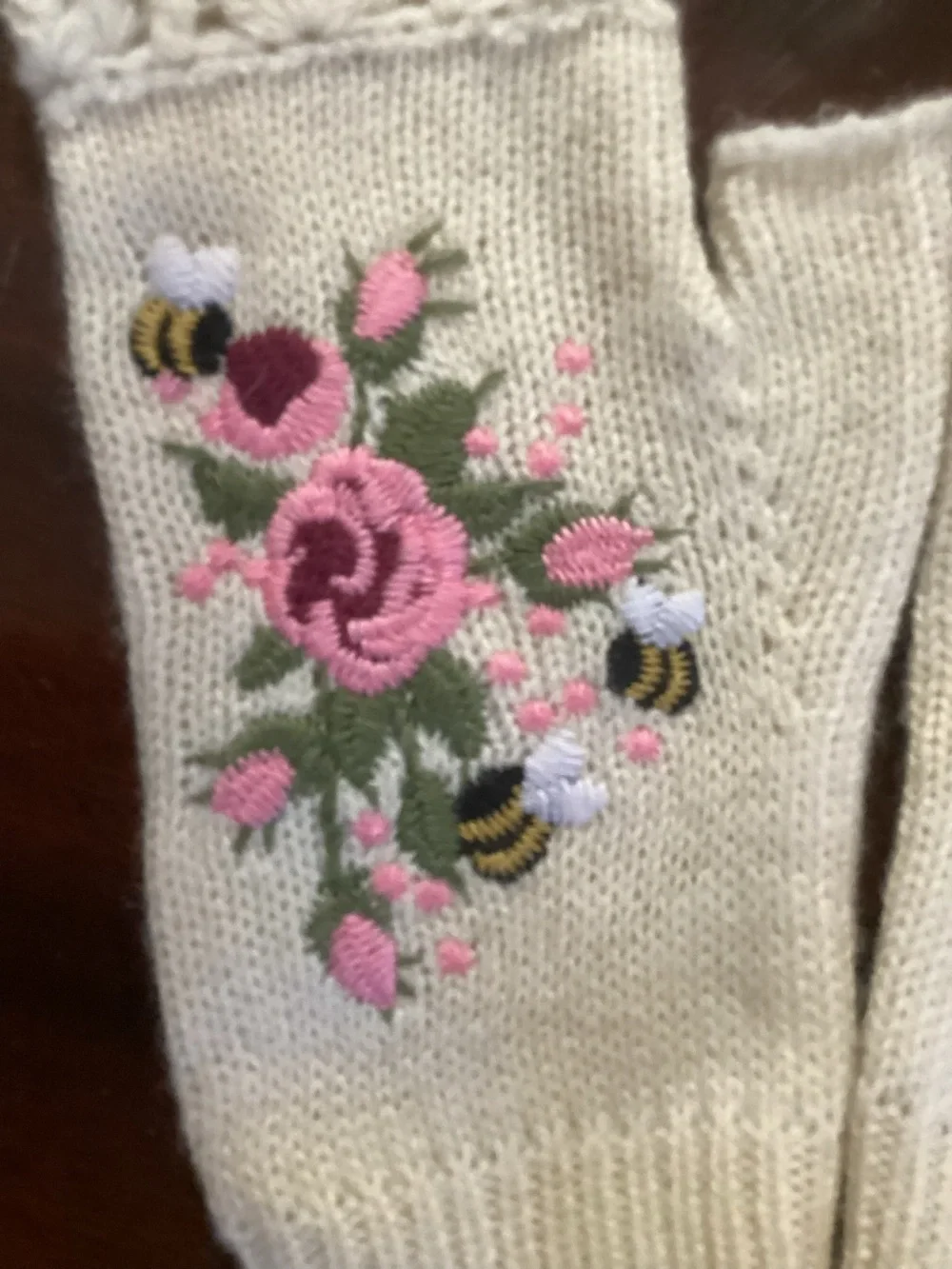 Pink Floral Embroidered Fingerless Gloves